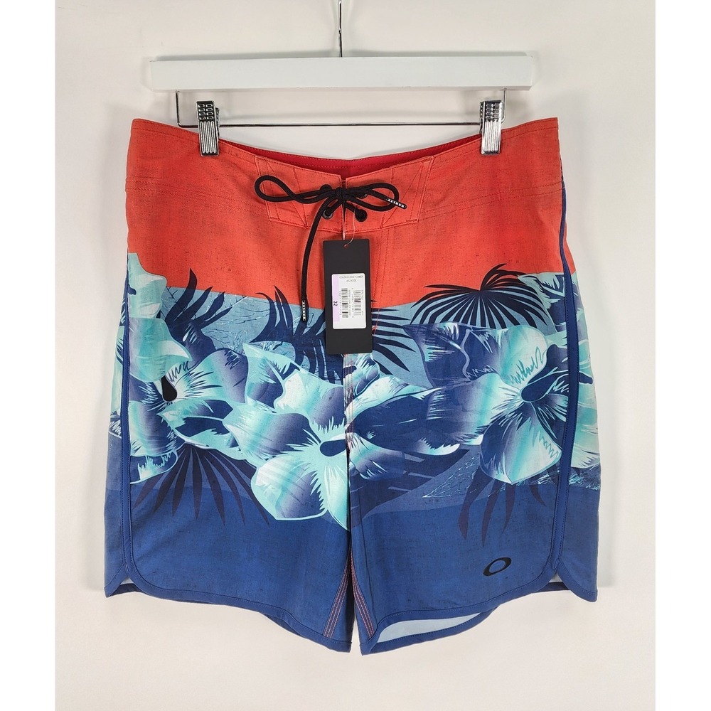 Oakley Color Block Flower Swim Trunks Men's 32 Fire Red Drawstring Boardshorts